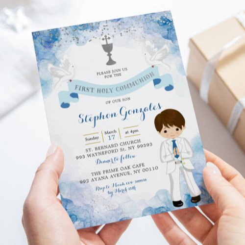 Navy Blue and Silver Boy First Holy Communion Invitation