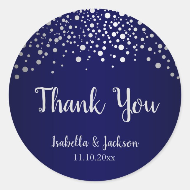 Navy Blue and Silver Confetti Dots Classic Round Sticker (Front)