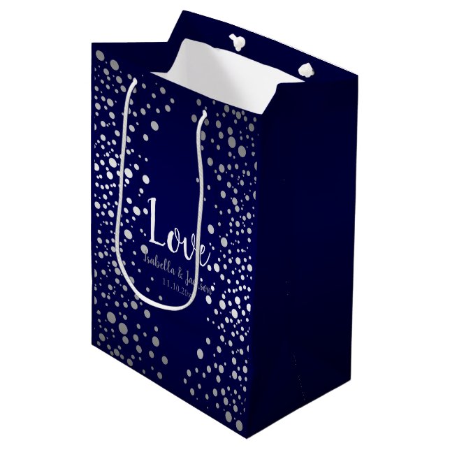 Navy Blue and Silver Confetti Dots Medium Gift Bag (Front Angled)