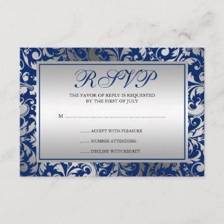 Navy Blue and Silver Damask Swirls Response Card