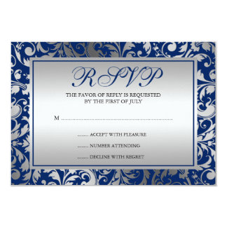 Navy Blue and Silver Damask Swirls Response Card