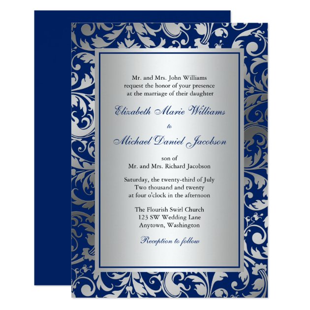 Navy Blue And Silver Damask Swirls Wedding Invitation
