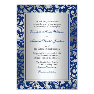 Navy Blue and Silver Damask Swirls Wedding Card