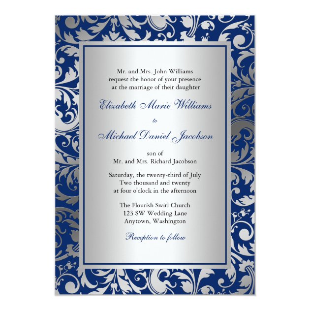 Navy Blue And Silver Damask Swirls Wedding Invitation