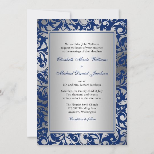 Navy Blue and Silver Damask Swirls Wedding Invitation | Zazzle.com