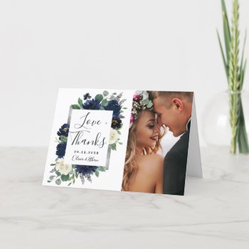 Navy Blue And Silver Elegant Floral Wedding Photo Thank You Card by RusticWeddings at Zazzle