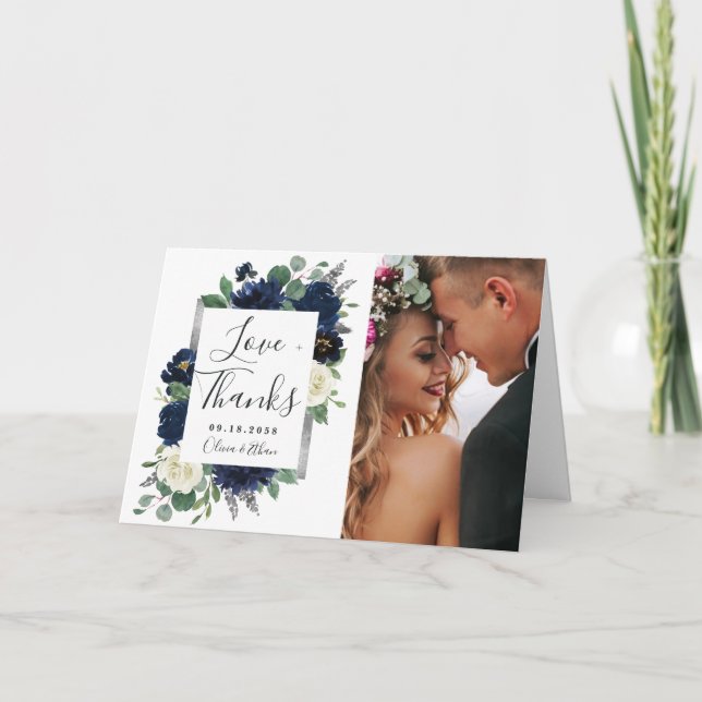 Navy Blue and Silver Elegant Floral Wedding Photo Thank You Card (Front)