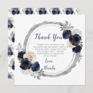 Navy Blue and Silver Elegant Flowers Sweet Sixteen Thank You Card