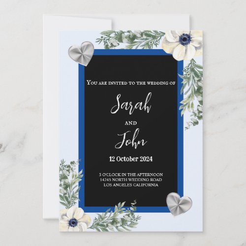 Navy Blue and Silver Elegant Heart Floral Wedding  Invitation