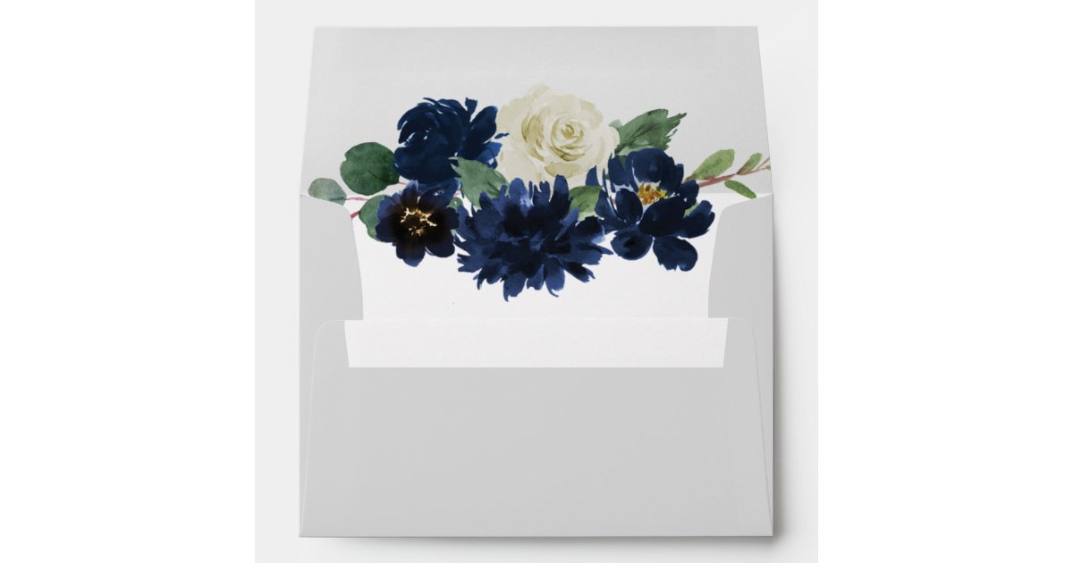 Navy Blue and Silver Elegant Ivory Floral Wedding Envelope | Zazzle.com