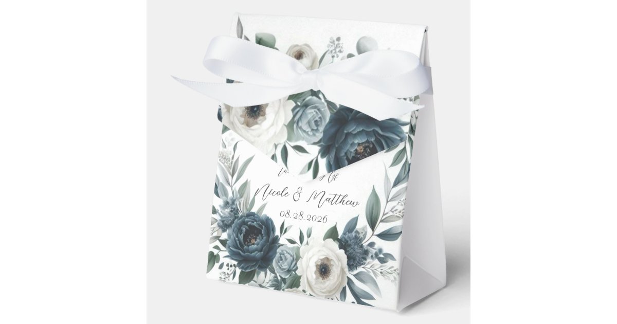 Navy Blue and Silver Elegant Ivory Floral Wedding Favor Boxes | Zazzle