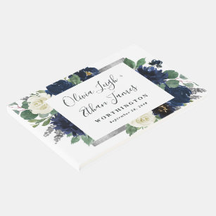 Navy Blue and Silver Elegant Ivory Floral Wedding Guest Book