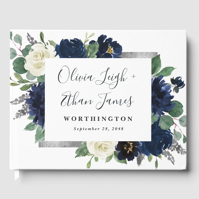 Navy Blue and Silver Elegant Ivory Floral Wedding Guest Book (Front)