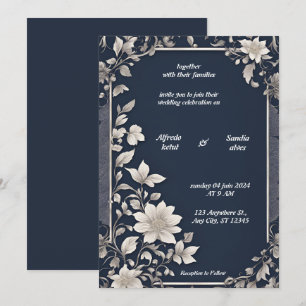 Navy Blue and Silver Elegant Ivory Floral Wedding Invitation