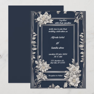 Navy Blue and Silver Elegant Ivory Floral Wedding Invitation