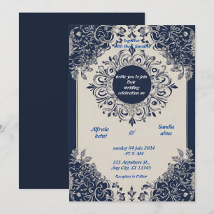 Navy Blue and Silver Elegant Ivory Floral Wedding Invitation