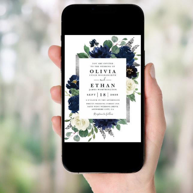 Navy Blue and Silver Elegant Ivory Floral Wedding Invitation (Front Digital)