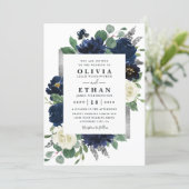 Navy Blue and Silver Elegant Ivory Floral Wedding Invitation (Standing Front)