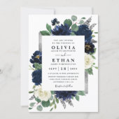 Navy Blue and Silver Elegant Ivory Floral Wedding Invitation (Front)