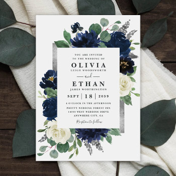 Navy Blue And Silver Elegant Ivory Floral Wedding Invitation by RusticWeddings at Zazzle