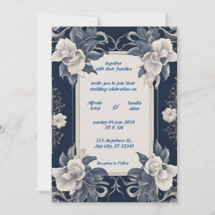 Navy Blue and Silver Elegant Ivory Floral Wedding Invitation