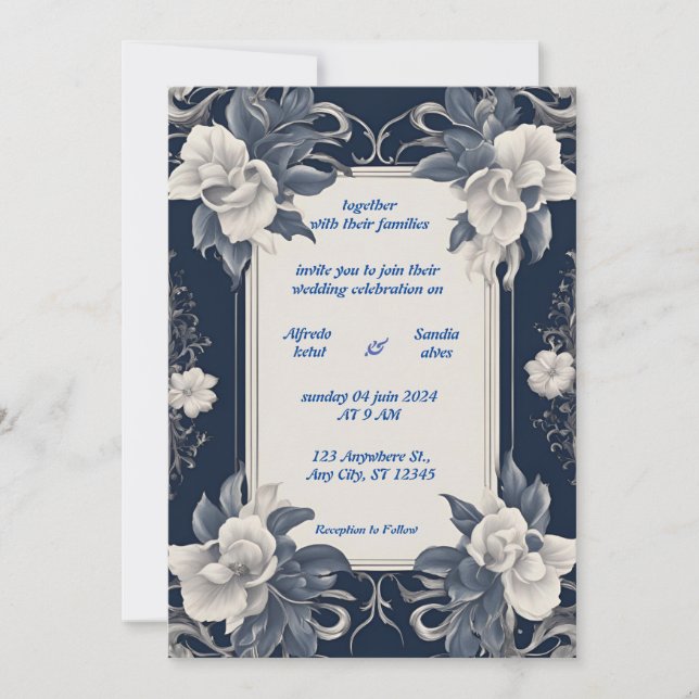 Navy Blue and Silver Elegant Ivory Floral Wedding  Invitation (Front)