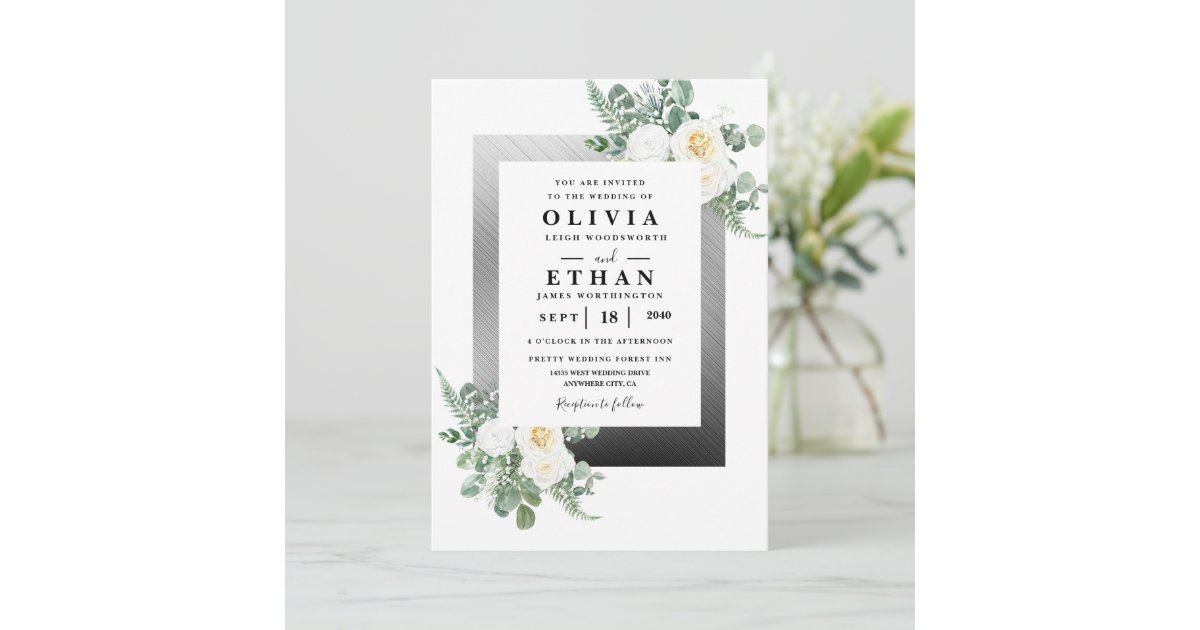 Navy Blue and Silver Elegant Ivory Floral Wedding Invitation | Zazzle