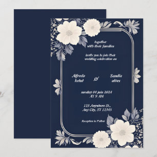 Navy Blue and Silver Elegant Ivory Floral Wedding Invitation