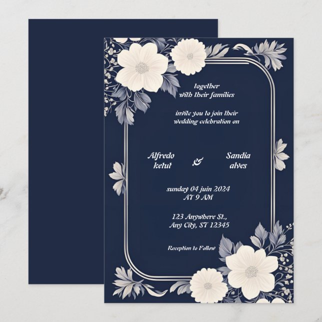 Navy Blue and Silver Elegant Ivory Floral Wedding Invitation (Front/Back)