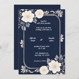 Navy Blue and Silver Elegant Ivory Floral Wedding Invitation