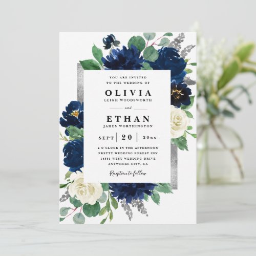 Navy Blue and Silver Elegant Ivory Floral Wedding  Invitation