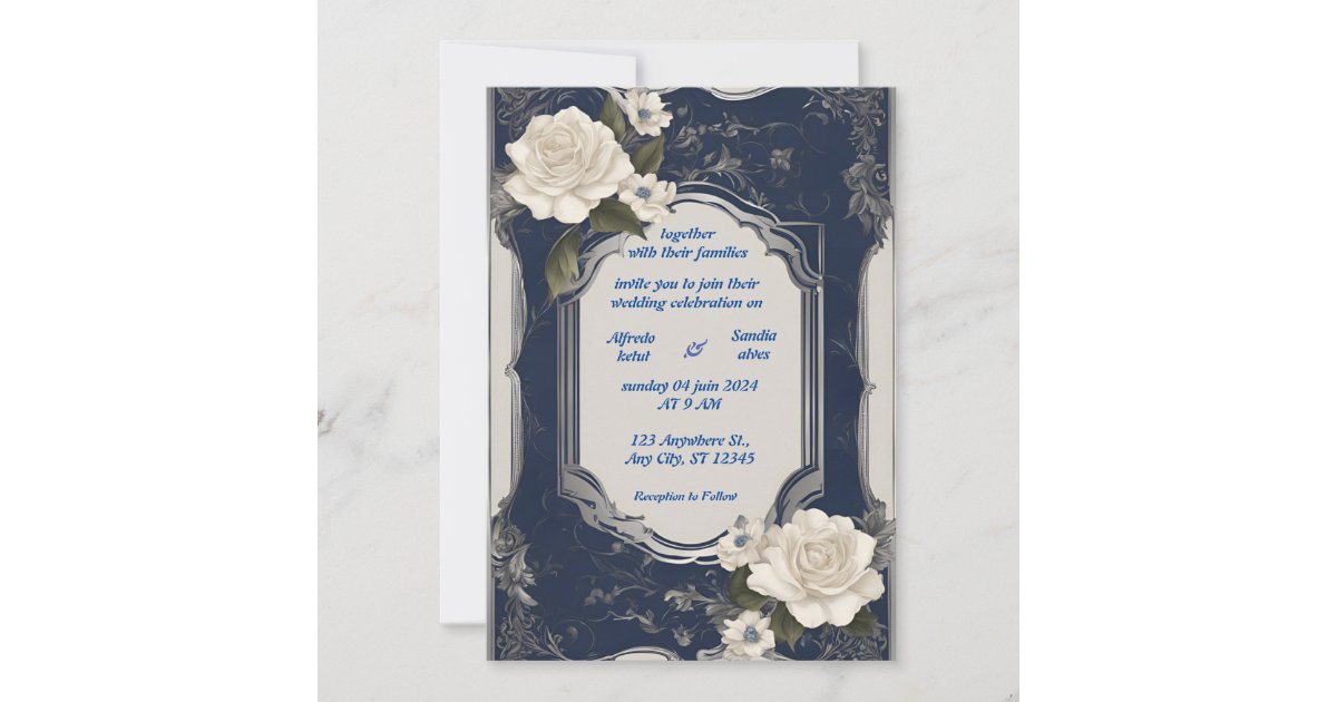 Navy Blue and Silver Elegant Ivory Floral Wedding Invitation | Zazzle
