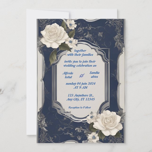 Navy Blue and Silver Elegant Ivory Floral Wedding  Invitation (Front)
