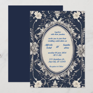 Navy Blue and Silver Elegant Ivory Floral Wedding Invitation