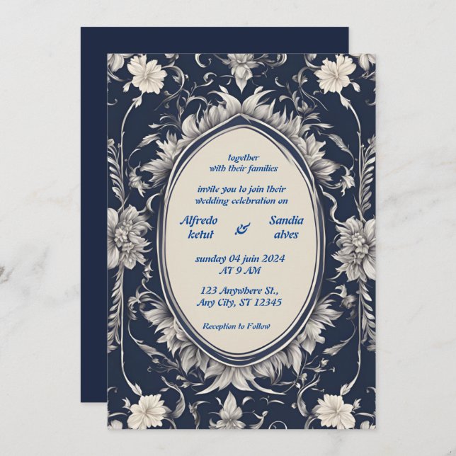 Navy Blue and Silver Elegant Ivory Floral Wedding Invitation (Front/Back)