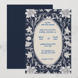 Navy Blue and Silver Elegant Ivory Floral Wedding Invitation
