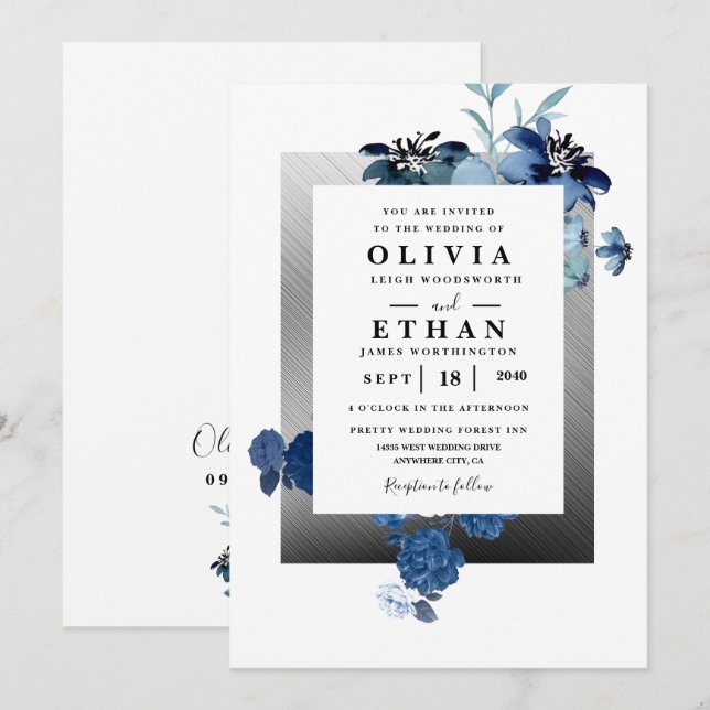 Navy Blue and Silver Elegant Ivory Floral Wedding  Invitation (Front/Back)
