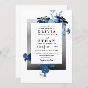 Navy Blue and Silver Elegant Ivory Floral Wedding  Invitation