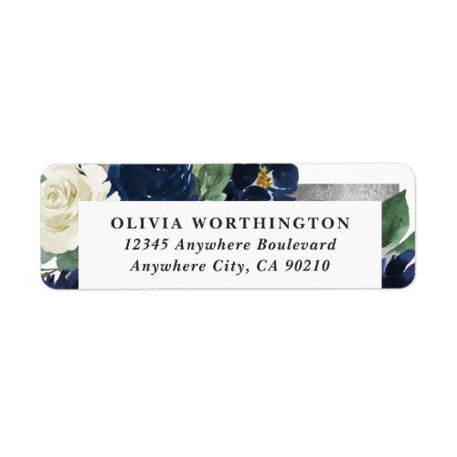 Navy Blue and Silver Elegant Ivory Floral Wedding Label