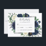 Navy Blue and Silver Elegant Ivory Floral Wedding RSVP Card<br><div class="desc">Design features an elegant watercolor floral wreath decorated with peonies, roses, eucalyptus greenery and more in shades of navy blue, green and ivory. Design also features a silver gray printed box beneath the wreath with a modern font - text layout. A matching floral arrangement is added to the back to...</div>