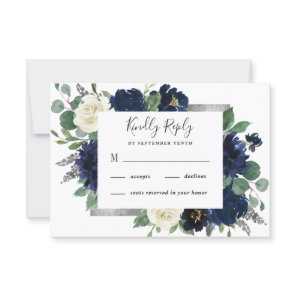 Navy Blue and Silver Elegant Ivory Floral Wedding RSVP Card