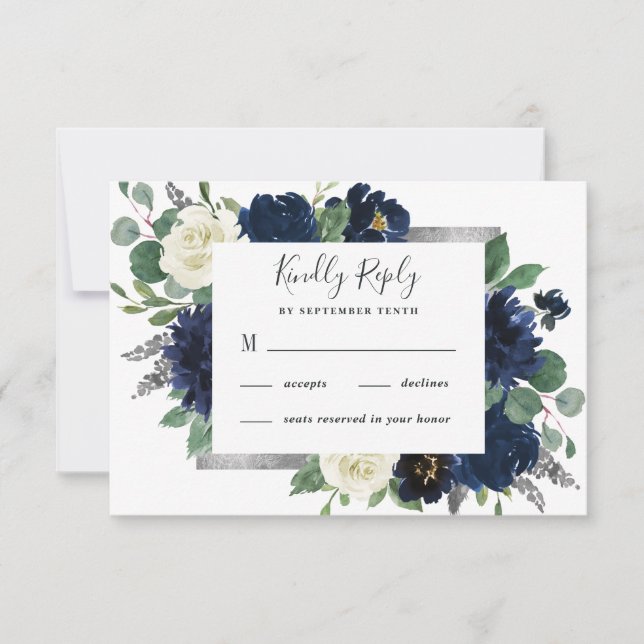 Navy Blue and Silver Elegant Ivory Floral Wedding RSVP Card (Front)