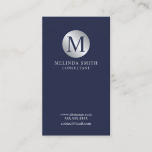 Navy Blue and Silver Elegant Monogram Business Card