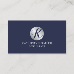 Navy Blue and Silver Elegant Monogram Business Card