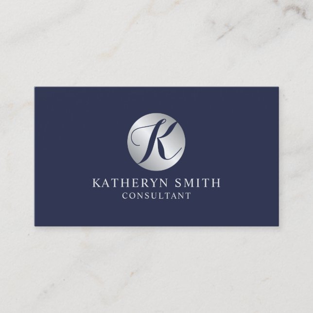 Navy Blue and Silver Elegant Monogram Business Card (Front)