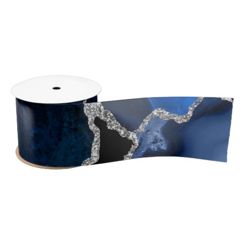 Navy Blue and Silver Faux Glitter Agate Satin Ribbon