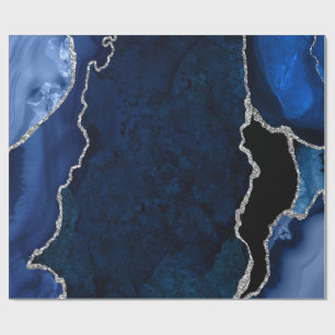 Navy Blue and Silver Faux Glitter Agate Wrapping Paper