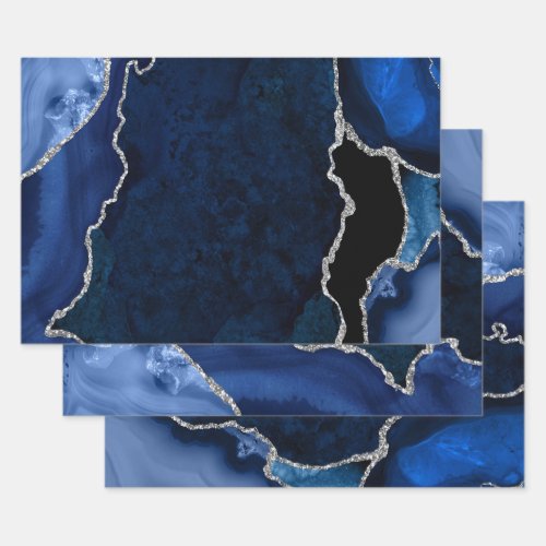 Navy Blue and Silver Faux Glitter Agate Wrapping Paper Sheets