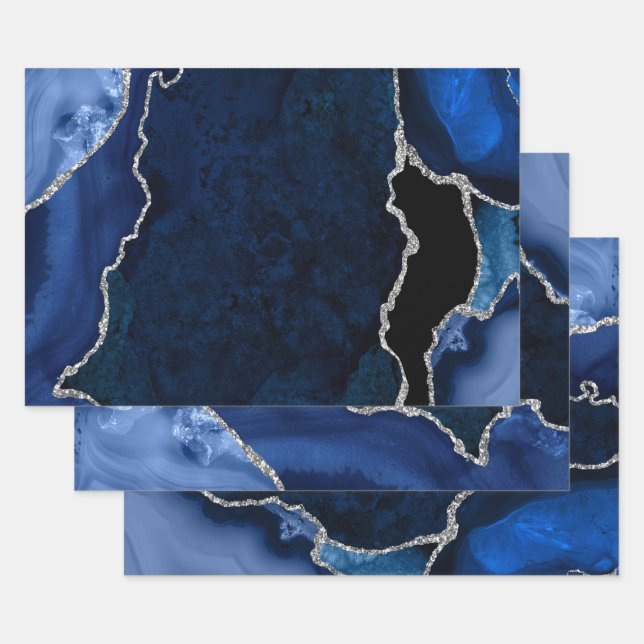 Navy Blue and Silver Faux Glitter Agate Wrapping Paper Sheets (Set)