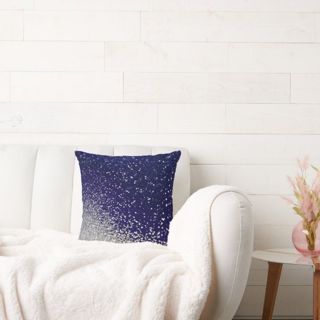 Navy Blue and Silver Faux Glitter  Throw Pillow (Couch)